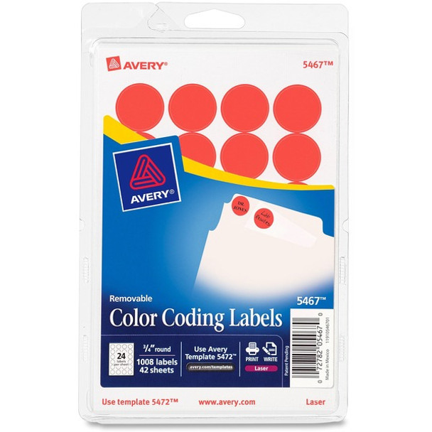 Avery&reg; Color-Coding Labels - - Height3/4" Diameter - Removable Adhesive - Round - Laser - Neon Red - 24 / Sheet - 1008 / Pack