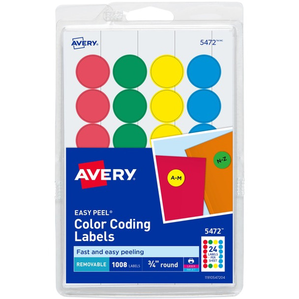 Avery&reg; Removable Print or Write Color Coding Labels - - Width3/4" Diameter - Removable Adhesive - Round - Laser, Inkjet - Blue, Green, Red, Yellow - Paper - 24 / Sheet - 42 Total Sheets - 1008 Total Label(s) - 3