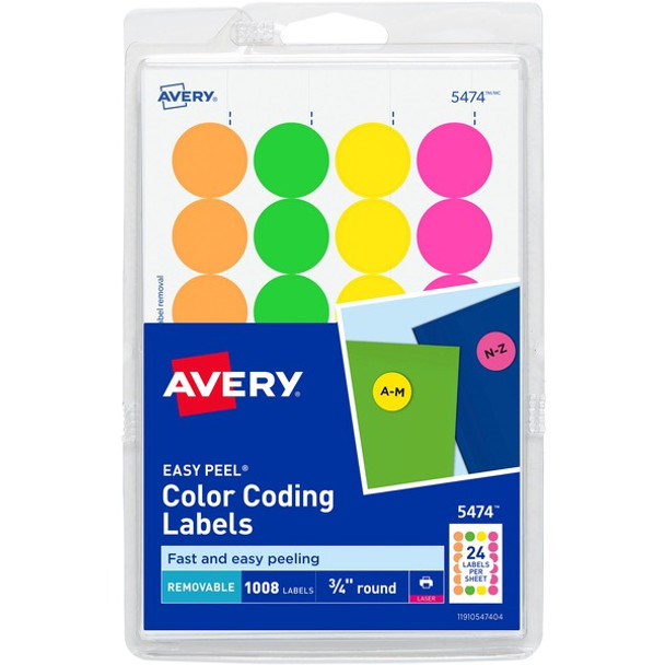 Avery&reg; Color Coded Label - - Width3/4" Diameter - Removable Adhesive - Round - Laser - Neon Green, Neon Orange, Neon Red, Neon Yellow - Paper - 24 / Sheet - 42 Total Sheets - 1008 Total Label(s) - 3