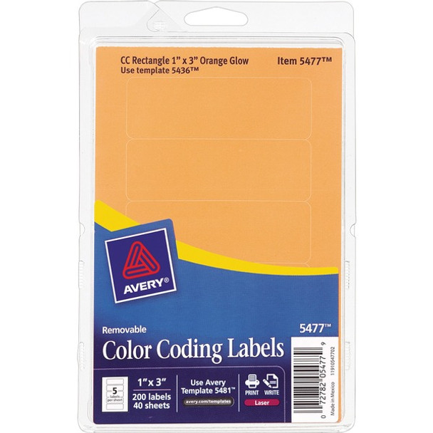 Avery&reg; Rectangular Color-Coding Labels - 1" Width x 3" Length - Removable Adhesive - Rectangle - Laser - Orange - 200 / Pack