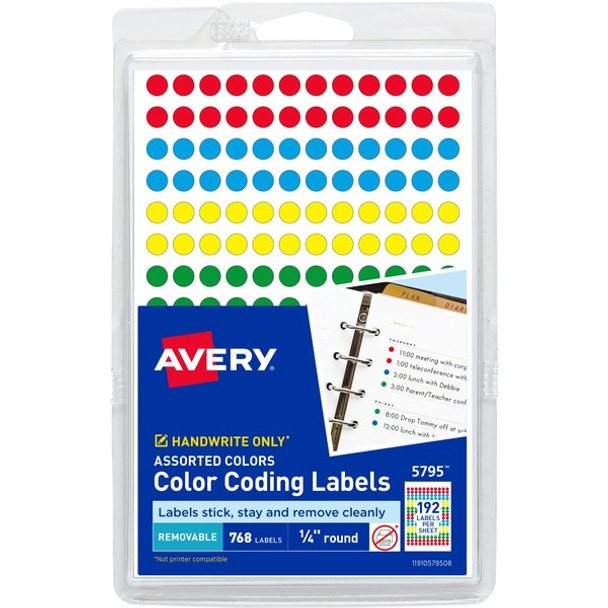 Avery&reg; Dot Stickers, 1/4" Diameter, Assorted, 760 Total (5795) - - Width1/4" Diameter - Removable Adhesive - Round - Matte - Green, Light Blue, Red, Yellow - Paper - 192 / Sheet - 4 Total Sheets - 768 Total Label(s) - 768 / Pack