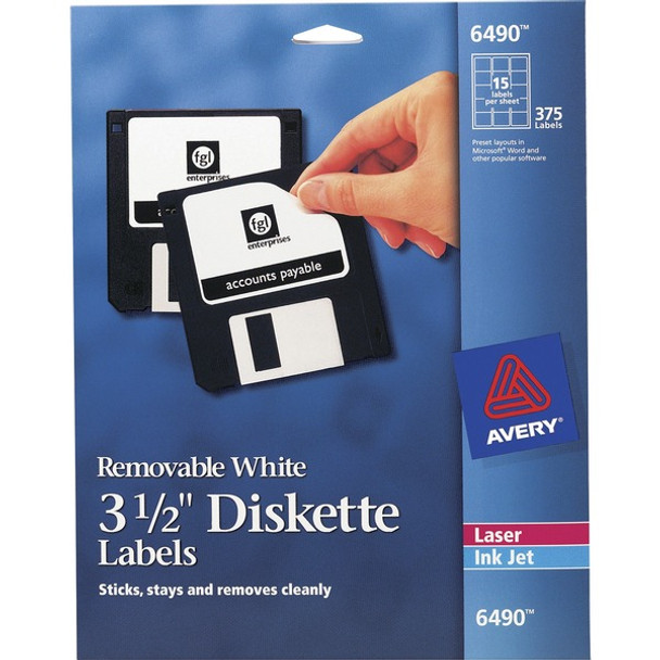 Avery&reg; Floppy Disk Label - Removable Adhesive - Square - Laser, Inkjet - Matte White - Paper - 1875 Total Label(s) - 5 / Carton