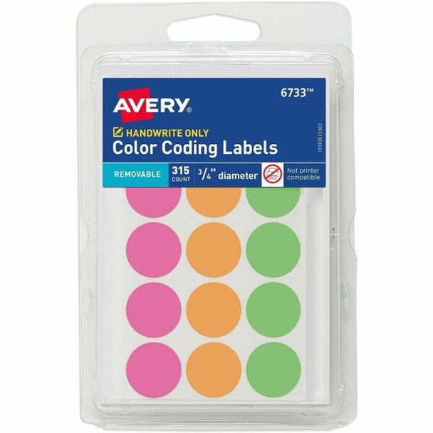 Avery&reg; Color-Coding Removable Labels, 3/4 Inch Round Labels, Assorted Neon Colors, Non-Printable, 315 Dot Stickers Total (6733) - Avery&reg; Dot Stickers, 3/4" Diameter, Assorted Neon, 315 Total (6733)