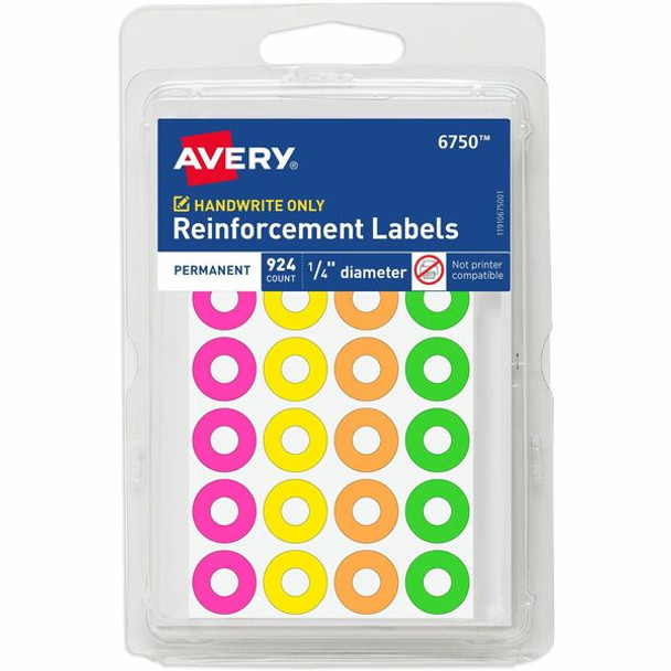 Avery&reg; Reinforcement Labels, 1/4" Diameter, Permanent Adhesive, Assorted Neon Colors, Non-Printable, 924 Page Reinforcement Stickers Total (6750) - Avery&reg; Reinforcement Stickers, 1/4" , Neon, 924 Total (6750)