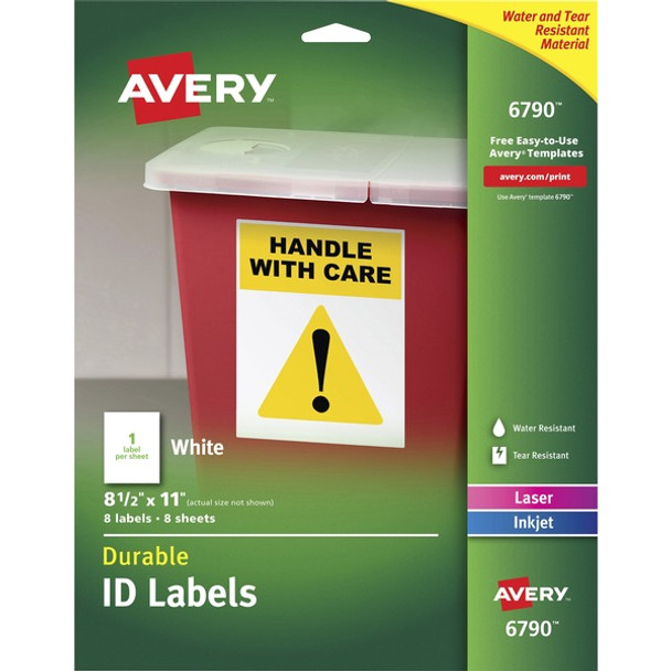 Avery&reg; Easy Peel Full Sheet Durable ID Labels - 8 1/2" Height x 11" Width - Permanent Adhesive - Laser, Inkjet - White - Film - 1 / Sheet - 8 Total Sheets - 8 Total Label(s) - 40 / Carton