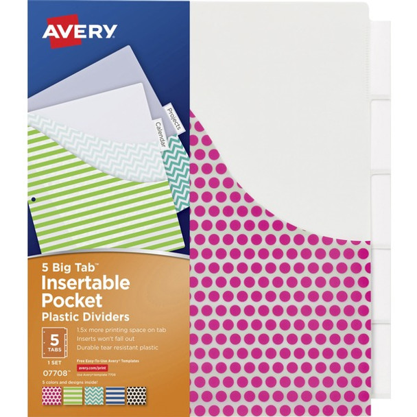 Avery&reg; Big Tab Insertable Plastic Pocket Dividers - 180 x Divider(s) - 180 Tab(s) - 5 - 5 Tab(s)/Set - 9.3" Divider Width x 11.13" Divider Length - 3 Hole Punched - Multicolor Plastic Divider - Clear Plastic Tab(s) - 36 / Carton