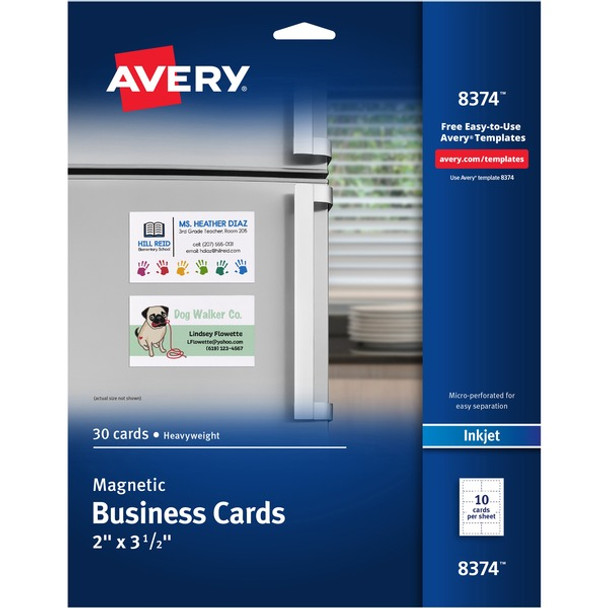 Avery&reg; Magnetic Business Cards, 2" x 3-1/2" , Matte White, 30 Cards (8374) - 2" x 3 1/2" - 729 g/m&#178; Grammage - Matte - 5 / Carton - Sturdy, Magnetic Coated, Perforated - White