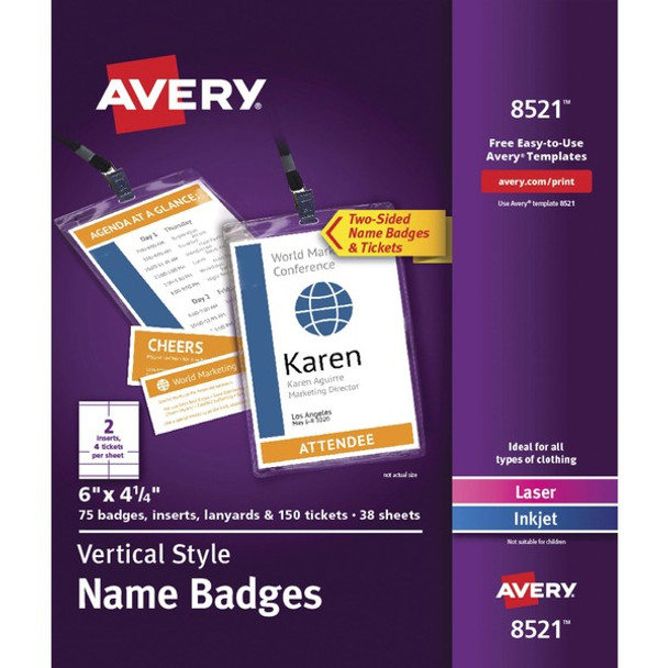 Avery&reg; Vertical Name Badges - 4 1/4" x 6" - 375 / Carton - Printable, Durable, Reusable - White