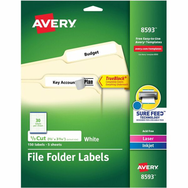 Avery&reg; TrueBlock File Folder Labels - 2/3" Width x 3 7/16" Length - Permanent Adhesive - Rectangle - Laser, Inkjet - White - Paper - 30 / Sheet - 20 Total Sheets - 600 Total Label(s) - 4 / Carton