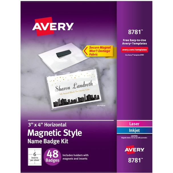 Avery&reg; Name Badge - 5 / Carton - Rectangular Shape - Non-adhesive, Non-toxic, Durable, Magnetic, Heavy Duty, Printable, Micro Perforated, Recyclable - PVC Plastic - White