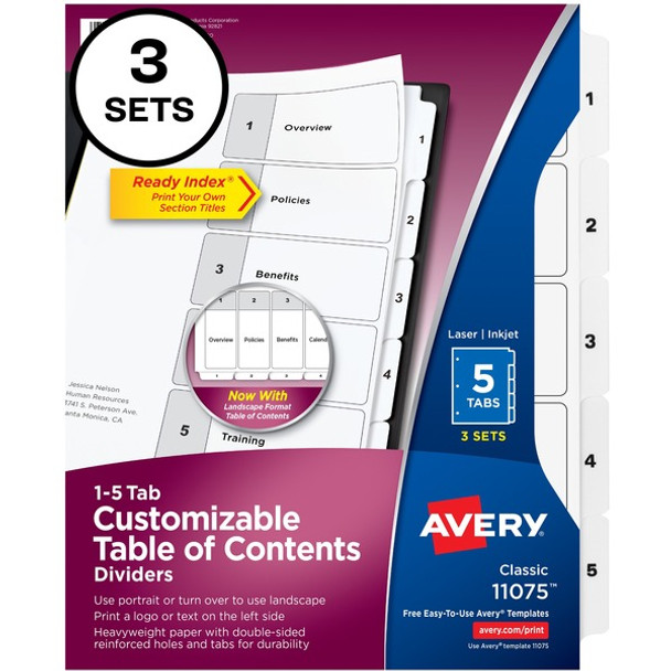Avery&reg; Ready Index Classic Tab Binder Dividers - 180 x Divider(s) - 180 Tab(s) - 1-5 - 5 Tab(s)/Set - 8.5" Divider Width x 11" Divider Length - 3 Hole Punched - White Paper Divider - White Paper Tab(s) - Recycled - 12 / Carton