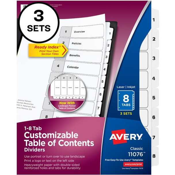 Avery&reg; Ready Index Classic Tab Binder Dividers - 288 x Divider(s) - 288 Tab(s) - 1-8 - 8 Tab(s)/Set - 8.5" Divider Width x 11" Divider Length - 3 Hole Punched - White Paper Divider - White Paper Tab(s) - 12 / Carton