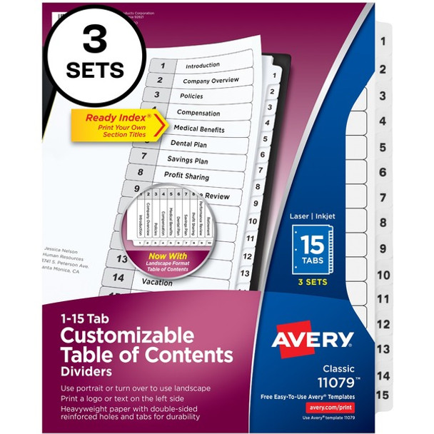 Avery&reg; Ready Index Classic Tab Binder Dividers - 360 x Divider(s) - 360 Tab(s) - 1-15 - 15 Tab(s)/Set - 8.5" Divider Width x 11" Divider Length - 3 Hole Punched - White Paper Divider - White Paper Tab(s) - 8 / Carton