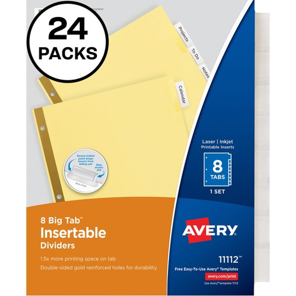 Avery&reg; Big Tab Insertable Dividers - 192 x Divider(s) - 8 Tab(s) - 8 - 8 Tab(s)/Set - 8.5" Divider Width x 11" Divider Length - 3 Hole Punched - Buff Paper Divider - Clear Plastic Tab(s) - Recycled - 192 / Box