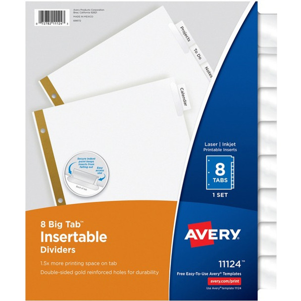 Avery&reg; Worksaver Big Tab Insertable Indexes - 8 x Divider(s) - 8 - 8 Tab(s)/Set - 8.5" Divider Width x 11" Divider Length - 3 Hole Punched - White Paper Divider - Clear Paper, Plastic Tab(s) - Recycled - 8 / Set