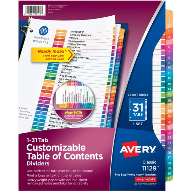 Avery&reg; Ready Index 1-31 Tab Custom TOC Dividers - 31 x Divider(s) - 1-31 - 31 Tab(s)/Set - 8.5" Divider Width x 11" Divider Length - 3 Hole Punched - White Paper Divider - Multicolor Paper Tab(s) - Recycled - 31 / Set