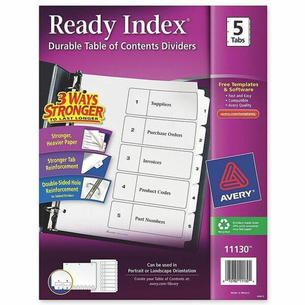 Avery&reg; Ready Index Classic Tab Binder Dividers - 5 x Divider(s) - 1-5 - 5 Tab(s)/Set - 8.5" Divider Width x 11" Divider Length - 3 Hole Punched - White Paper Divider - White Paper Tab(s) - Recycled - 5 / Set