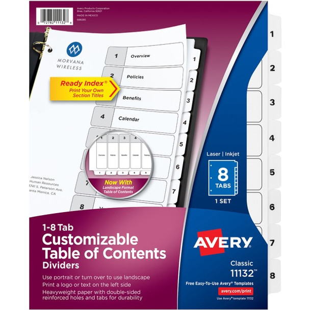 Avery&reg; Ready Index Classic Tab Binder Dividers - 8 x Divider(s) - 1-8 - 8 Tab(s)/Set - 8.5" Divider Width x 11" Divider Length - 3 Hole Punched - White Paper Divider - White Paper Tab(s) - Recycled - 8 / Set