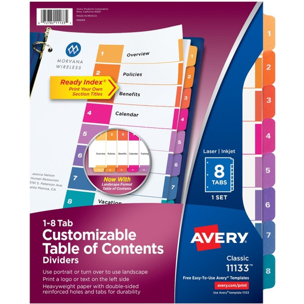 Avery&reg; Ready Index Custom TOC Binder Dividers - 8 x Divider(s) - 1-8 - 8 Tab(s)/Set - 8.5" Divider Width x 11" Divider Length - 3 Hole Punched - White Paper Divider - Multicolor Paper Tab(s) - Recycled - 8 / Set