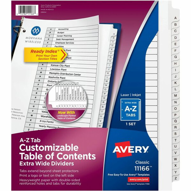 Avery&reg; Extra Wide A-Z Tabs Ready Index Dividers - 26 x Divider(s) - A-Z - 26 Tab(s)/Set - 9.3" Divider Width x 11" Divider Length - 3 Hole Punched - White Paper Divider - Black Paper, White Tab(s) - Recycled - 12