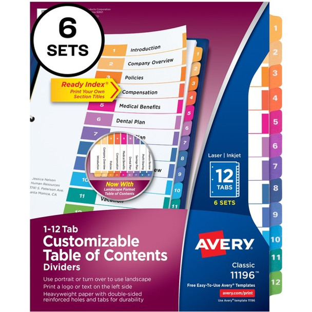 Avery&reg; Ready Index Custom TOC Binder Dividers - 72 x Divider(s) - 1-12 - 12 Tab(s)/Set - 8.5" Divider Width x 11" Divider Length - 3 Hole Punched - White Paper Divider - Multicolor Paper Tab(s) - Recycled - 6 / Pack