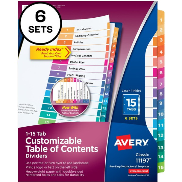 Avery&reg; Ready Index Custom TOC Binder Dividers - 90 x Divider(s) - 1-15 - 15 Tab(s)/Set - 8.5" Divider Width x 11" Divider Length - 3 Hole Punched - White Paper Divider - Multicolor Paper Tab(s) - 6 / Pack
