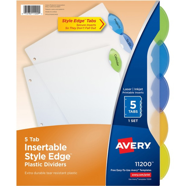 Avery&reg; Plastic Binder Dividers, Insertable Multicolor Style Edge 5-tabs - 5 x Divider(s) - 5 Tab(s) - 5 - 5 Tab(s)/Set - 8.5" Divider Width x 11" Divider Length - 3 Hole Punched - Translucent Plastic Divider - Multicolor Plastic Tab(s) - 5 / Set