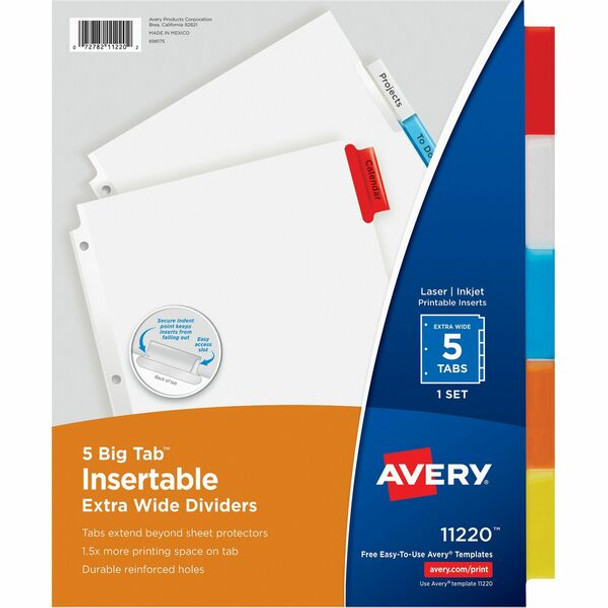 Avery&reg; Big Tab Extra-Wide Insertable Dividers - 5 Blank Tab(s) - 5 Tab(s)/Set - 9" Divider Width x 11" Divider Length - 3 Hole Punched - White Paper Divider - Multicolor Tab(s) - Recycled - Reinforced Edges - 5 / Set