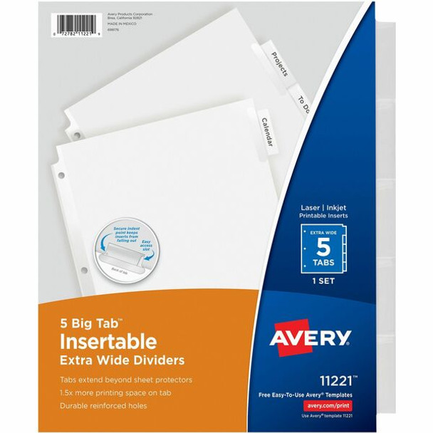 Avery&reg; Big Tab Extra-Wide Insertable Dividers - 5 Blank Tab(s) - 5 Tab(s)/Set - 9" Divider Width x 11" Divider Length - 3 Hole Punched - Paper Divider - Clear Tab(s) - Recycled - Reinforced Edges - 5 / Set