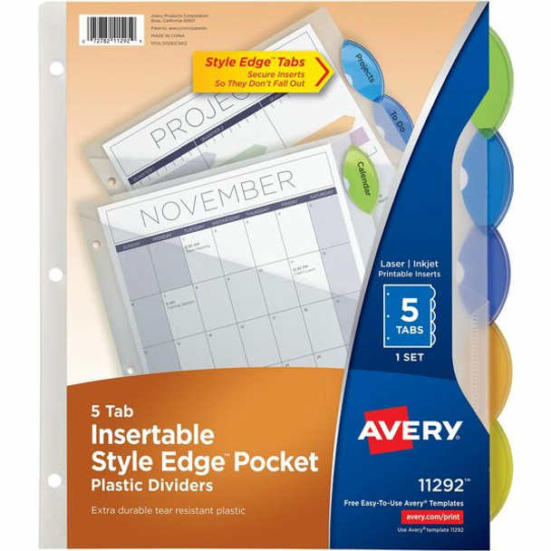 Avery&reg; Insertble Style Edge Plastic Pocket Dividers - 5 x Divider(s) - 5 - 5 Tab(s)/Set - 9.3" Divider Width x 11.25" Divider Length - 3 Hole Punched - Translucent Plastic Divider - Multicolor Plastic Tab(s) - 2