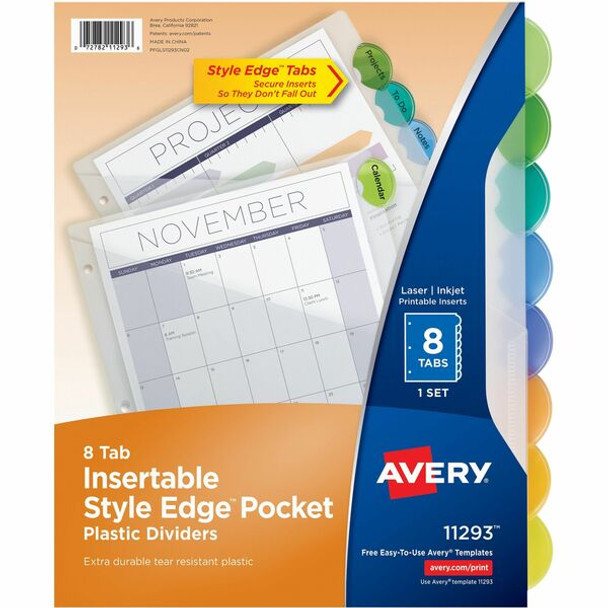 Avery&reg; Insertable Style Edge Plastic Dividers with Pockets, 8-tab - 8 x Divider(s) - 8 - 8 Tab(s)/Set - 9.3" Divider Width x 11.25" Divider Length - 3 Hole Punched - Translucent Plastic Divider - Multicolor Plastic Tab(s) - 8 / Set