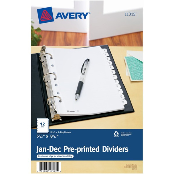 Avery&reg; Monthly Preprinted Tab Dividers - 12 x Divider(s) - Jan-Dec - 12 Tab(s)/Set - 5.5" Divider Width x 8.50" Divider Length - 7 Hole Punched - White Paper Divider - White Paper Tab(s) - Recycled - 12 / Set