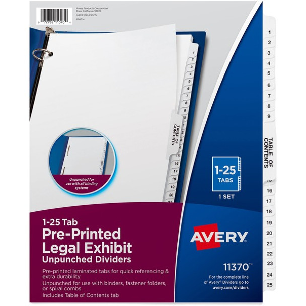 Avery&reg; Index Divider - 1 x Divider(s) - Side Tab(s) - 1-25, Table of Contents - 26 Tab(s)/Set - 8.5" Divider Width x 11" Divider Length - Letter - 8.50" Width x 11" Length - Paper Divider - White Tab(s) - Recycled - 25 / Set