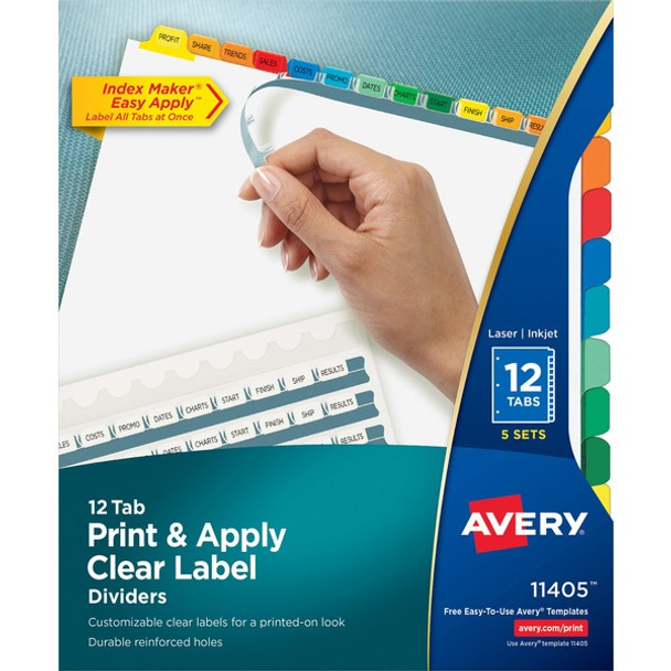 Avery&reg; Index Maker Index Divider - 60 x Divider(s) - 12 - 12 Tab(s)/Set - 8.5" Divider Width x 11" Divider Length - 3 Hole Punched - White Paper Divider - Multicolor Paper Tab(s) - Recycled - 5 / Set