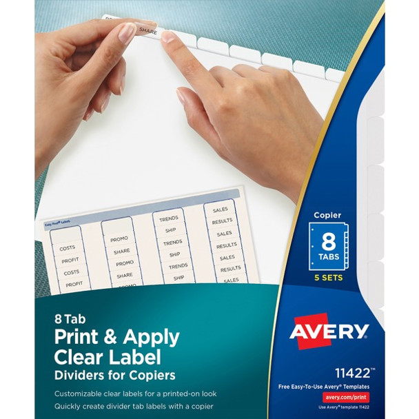 Avery&reg; Print & Apply Clear Label Dividers - Index Maker Easy Peel Printable Labels - 8 Blank Tab(s) - 8 Tab(s)/Set - 8.5" Divider Width x 11" Divider Length - Letter - White Divider - White Tab(s) - Recycled - Punched - 5 / Pack