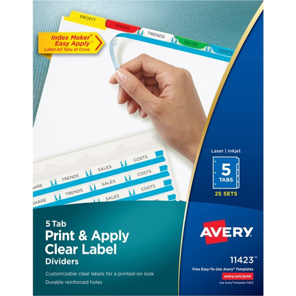 Avery&reg; Index Maker Index Divider - 125 x Divider(s) - 5 - 5 Tab(s)/Set - 8.5" Divider Width x 11" Divider Length - 3 Hole Punched - White Paper Divider - Multicolor Paper Tab(s) - 25 / Set