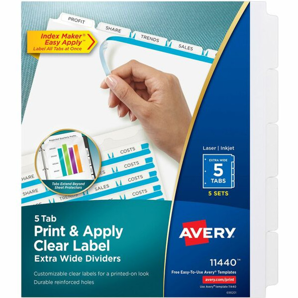 Avery&reg; Index Maker Index Divider - 25 x Divider(s) - Print-on Tab(s) - 5 - 5 Tab(s)/Set - 9.3" Divider Width x 11.25" Divider Length - 3 Hole Punched - White Paper Divider - White Paper Tab(s) - 5 / Pack