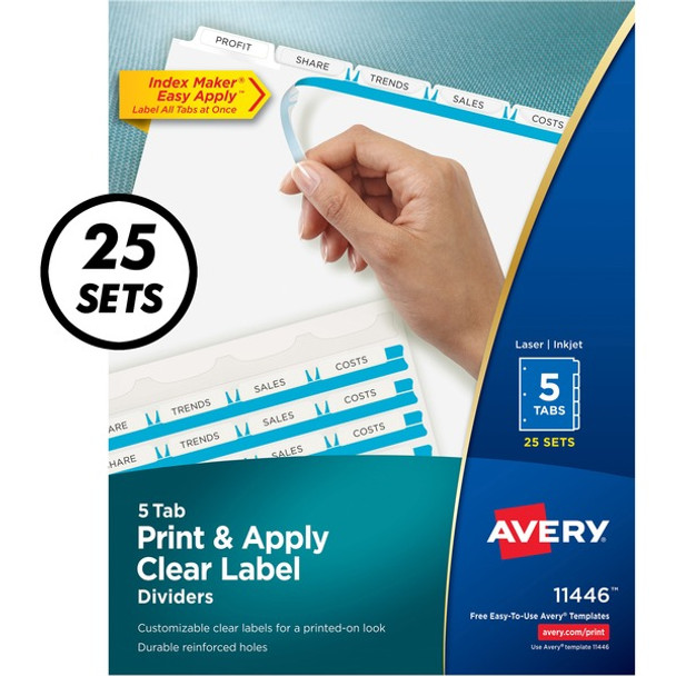 Avery&reg; Index Maker Print & Apply Dividers - 125 x Divider(s) - Print-on Tab(s) - 5 - 5 Tab(s)/Set - 8.5" Divider Width x 11" Divider Length - 3 Hole Punched - White Paper Divider - White Paper Tab(s) - 25 / Box