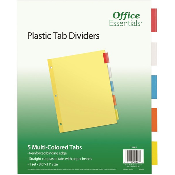 Avery&reg; Office Essentials Insertable Dividers - 5 x Divider(s) - 5 Tab(s) - 5 - 5 Tab(s)/Set - 8.5" Divider Width x 11" Divider Length - 3 Hole Punched - Buff Paper Divider - Multicolor Plastic Tab(s) - Recycled - 1