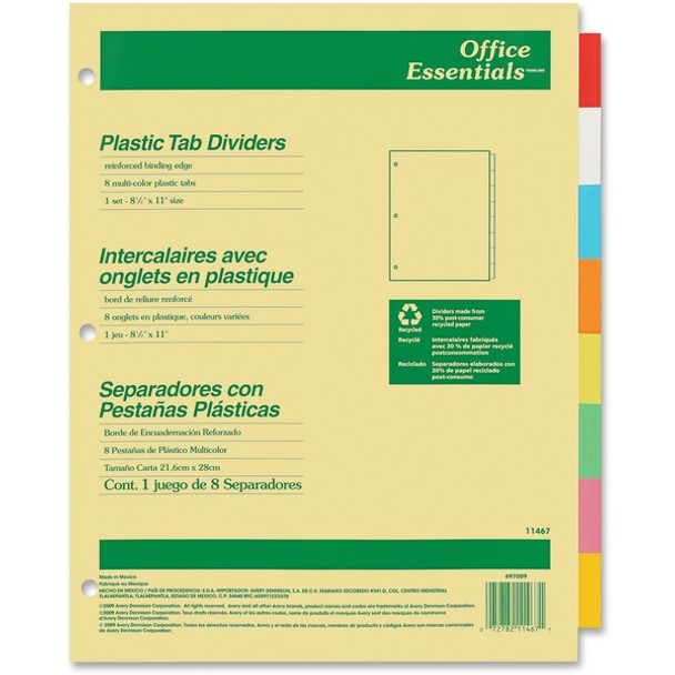 Avery&reg; Office Essentials Insertable Dividers - 8 x Divider(s) - 8 Tab(s) - 8 - 8 Tab(s)/Set - 8.5" Divider Width x 11" Divider Length - 3 Hole Punched - Buff Paper Divider - Multicolor Plastic Tab(s) - Recycled - 1