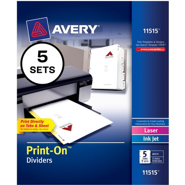 Avery&reg; Customizable Print-On Dividers - 25 x Divider(s) - Print-on Tab(s) - 5 - 5 Tab(s)/Set - 8.5" Divider Width x 11" Divider Length - 3 Hole Punched - White Paper Divider - White Paper Tab(s) - Recycled - 1 / Pack