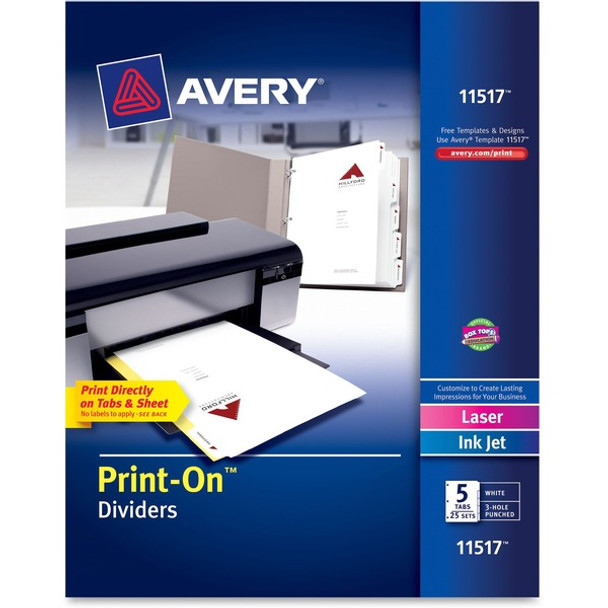 Avery&reg; Customizable Print-On Dividers - 125 x Divider(s) - Print-on Tab(s) - 5 - 5 Tab(s)/Set - 8.5" Divider Width x 11" Divider Length - 3 Hole Punched - White Paper Divider - White Paper Tab(s) - Recycled - 25 Box