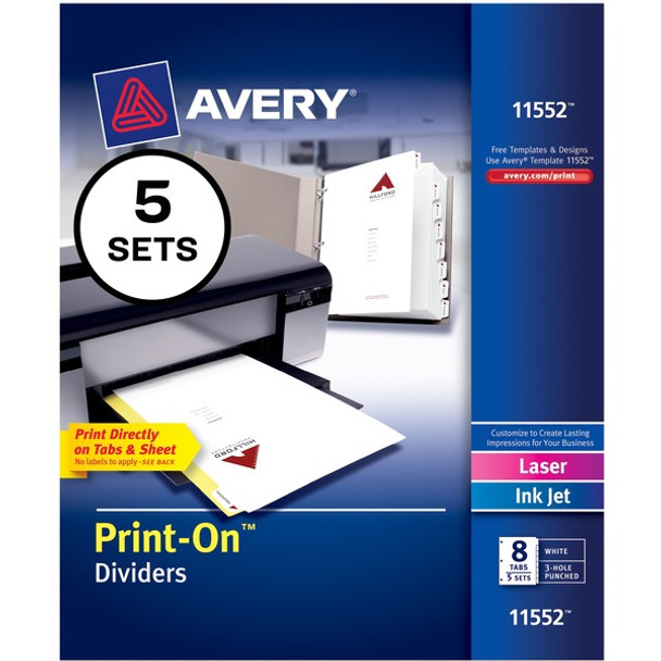 Avery&reg; Customizable Print-On Dividers - 40 x Divider(s) - Print-on Tab(s) - 8 - 8 Tab(s)/Set - 8.5" Divider Width x 11" Divider Length - 3 Hole Punched - White Paper Divider - White Paper Tab(s) - Recycled - 1 / Pack