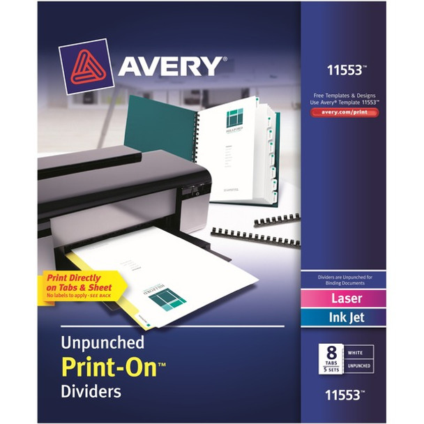 Avery&reg; Unpunched Print-On Dividers - 40 x Divider(s) - Print-on Tab(s) - 8 - 8 Tab(s)/Set - 8.5" Divider Width x 11" Divider Length - White Paper Divider - White Paper Tab(s) - Recycled - 5 / Box