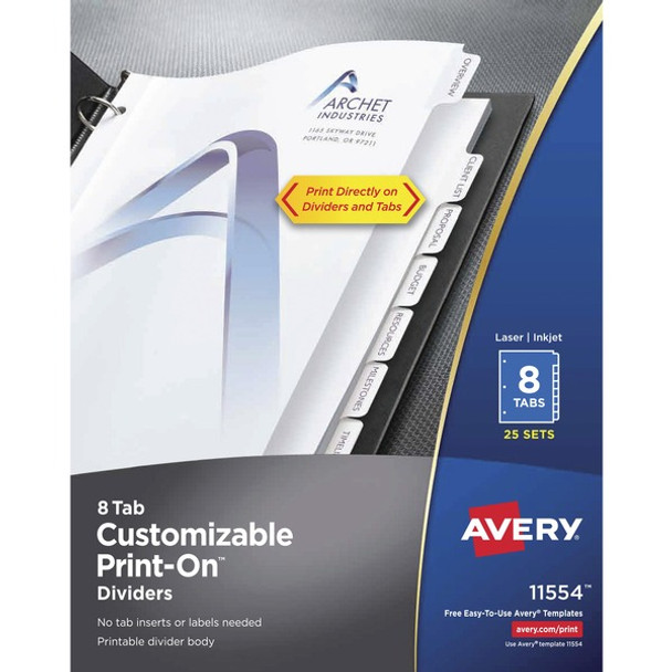 Avery&reg; Customizable Print-On Dividers - 200 x Divider(s) - 8 Print-on Tab(s) - 8 - 8 Tab(s)/Set - 8.5" Divider Width x 11" Divider Length - 3 Hole Punched - White Paper Divider - White Paper Tab(s) - Recycled - 25 / Box