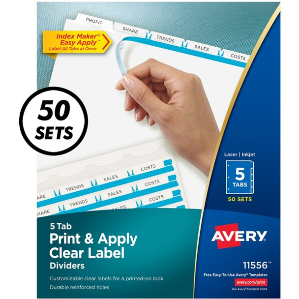Avery&reg; Index Maker Index Divider - 250 x Divider(s) - Print-on Tab(s) - 5 - 5 Tab(s)/Set - 8.5" Divider Width x 11" Divider Length - 3 Hole Punched - White Paper Divider - White Paper Tab(s) - 50 / Box