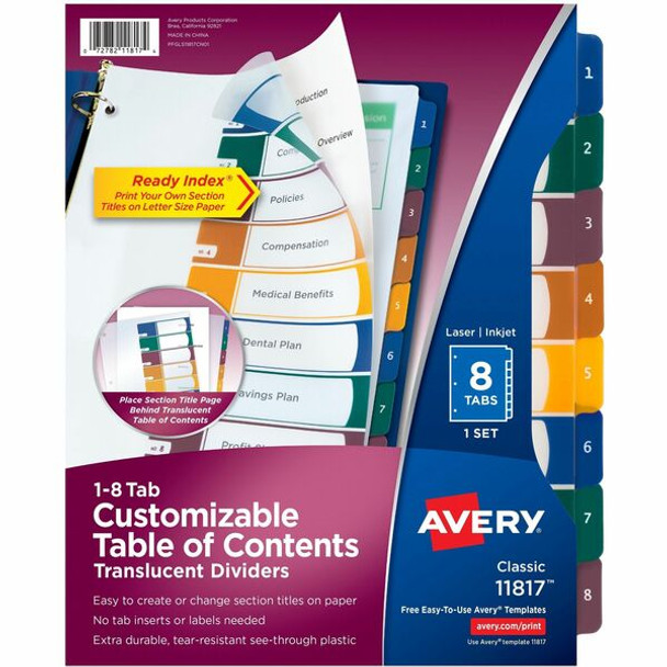 Avery&reg; Ready Index Customizable TOC Binder Dividers - 8 x Divider(s) - 8 Tab(s) - 1-8 - 8 Tab(s)/Set - 8.5" Divider Width x 11" Divider Length - 3 Hole Punched - Clear Plastic Divider - Multicolor Plastic Tab(s)