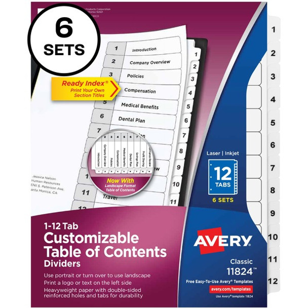 Avery&reg; Ready Index 12-tab Custom TOC Dividers - 72 x Divider(s) - 1-12, Table of Contents - 12 Tab(s)/Set - 8.5" Divider Width x 11" Divider Length - 3 Hole Punched - White Paper Divider - White Paper Tab(s) - 6