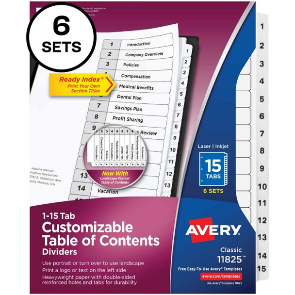 Avery&reg; 15-tab Custom Table of Contents Dividers - 90 x Divider(s) - 1-15, Table of Contents - 15 Tab(s)/Set - 8.5" Divider Width x 11" Divider Length - 3 Hole Punched - White Paper Divider - White Paper Tab(s) - 6 / Pack