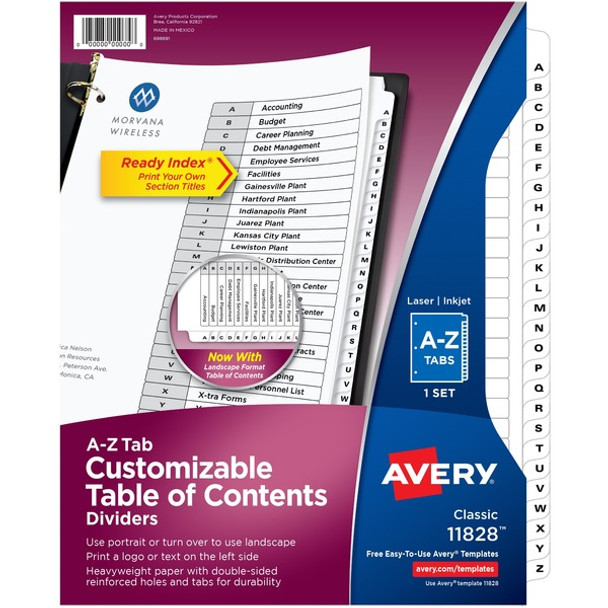 Avery&reg; A-Z Black & White Table of Contents Dividers - 26 x Divider(s) - A-Z, Table of Contents - 26 Tab(s)/Set - 8.5" Divider Width x 11" Divider Length - 3 Hole Punched - White Paper Divider - White Paper Tab(s) - 12